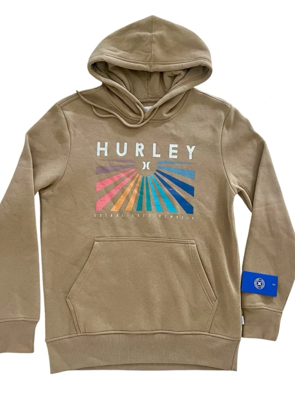 NWT Hurley Rainbow Graphic Fleece Pullover Hoodie Beige Tan Men’s Small Surf